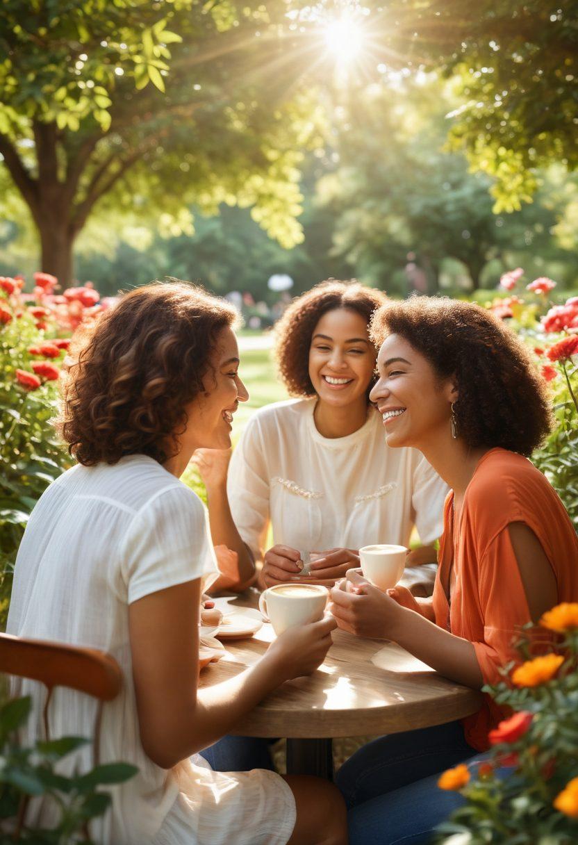 A warm, inviting scene of diverse individuals gathered in a sunlit park, sharing laughter and connecting over coffee, surrounded by vibrant flowers and lush greenery. Highlight expressions of joy and support, with gentle sunlight illuminating their interactions. Incorporate icons of hearts and interconnected lines subtly in the background, symbolizing relationships. super-realistic. vibrant colors. soft focus.