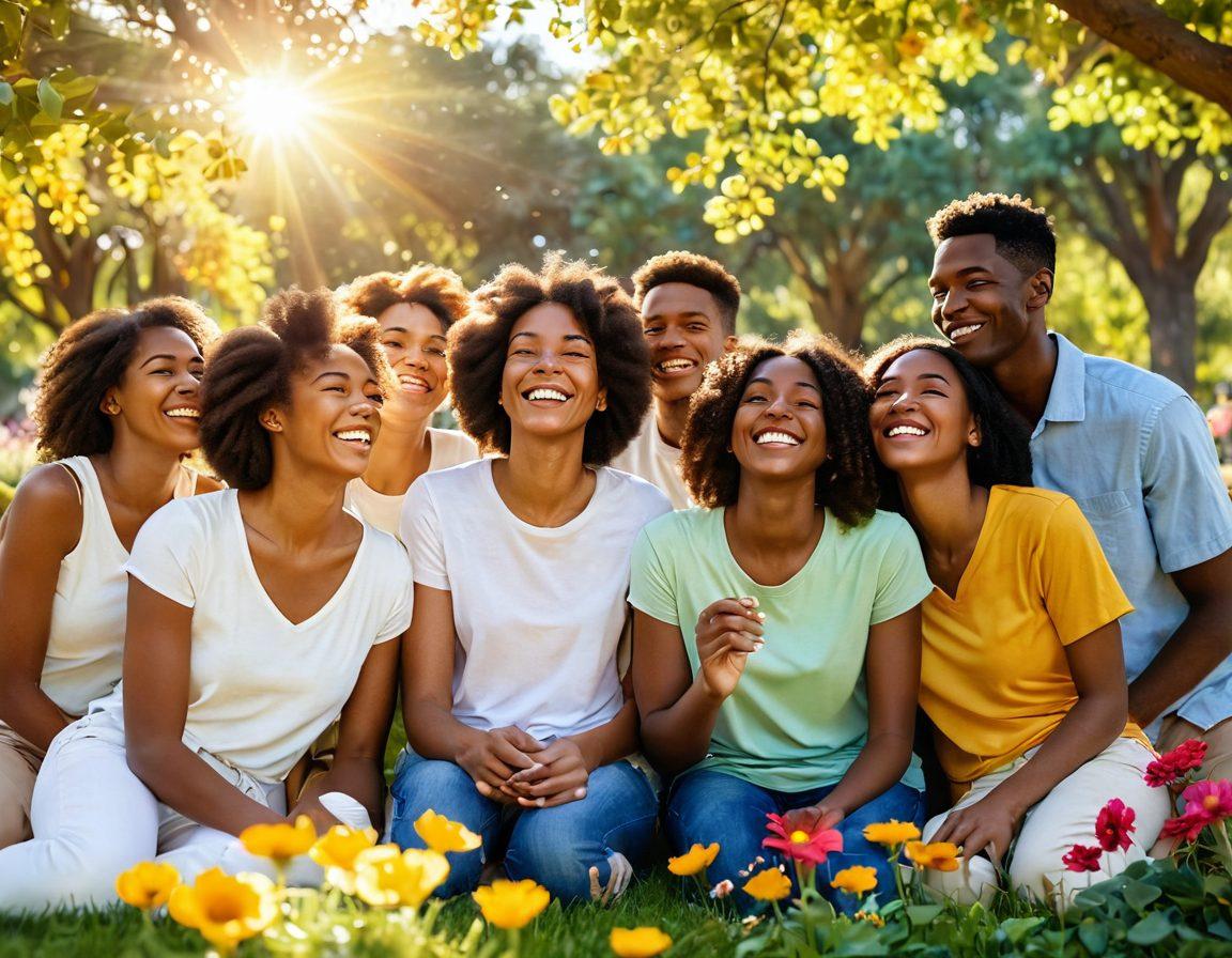 A warm, inviting scene depicting diverse people connecting, sharing smiles and laughter in a sunlit park. Colorful flowers bloom around them, symbolizing joy and positivity, while soft rays of sunshine create a golden glow. Subtle heart shapes can be seen in the background to represent elation and contentment. super-realistic. vibrant colors. natural setting.