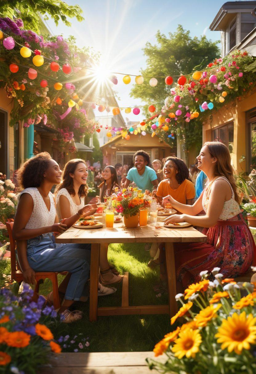 A vibrant and diverse group of people joyfully engaging in various community activities, surrounded by blooming flowers and colorful decorations, with rays of sunlight streaming down, symbolizing warmth and happiness. Include elements like laughter, shared meals, and collaborative projects to showcase unity and joy. super-realistic. vibrant colors. sunny atmosphere.